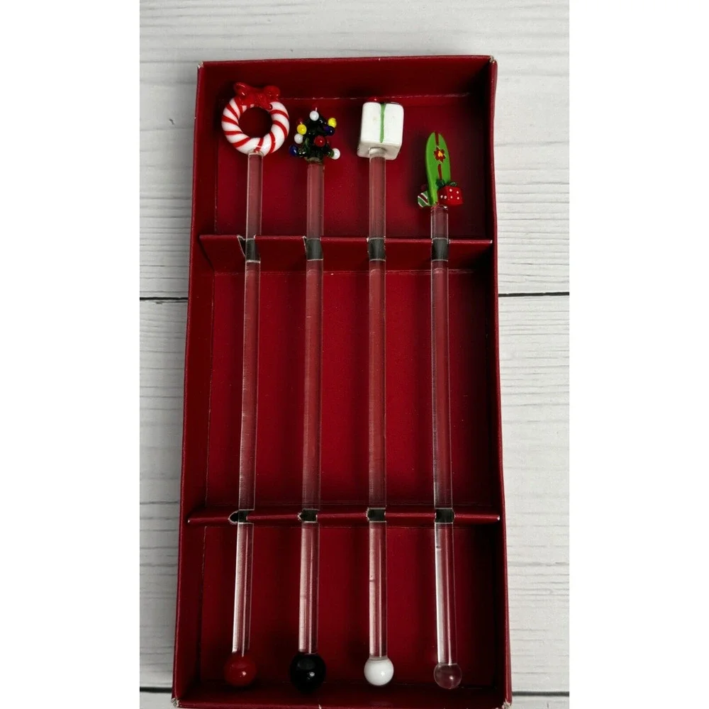 Pier 1 Glass Cocktail Swizzle Sticks Christmas Tree Presents Wreath Surfboard